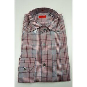 Isaia Mauve Red Gray Plaid Long Sleeve Cotton Dress Shirt 15.5/39 NEW
